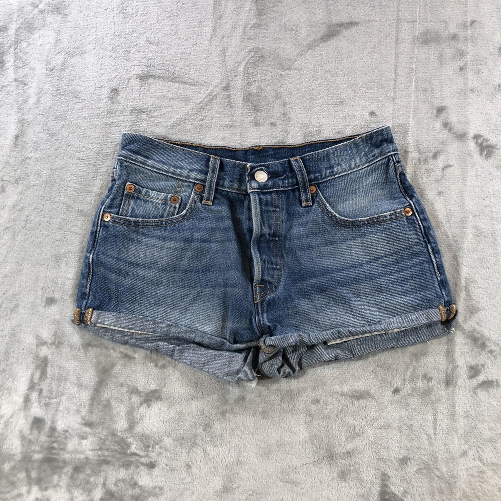 Levis 501 Denim Shorts Womens 25 Blue High Rise Button Fly Cutoff Rolled Hem
